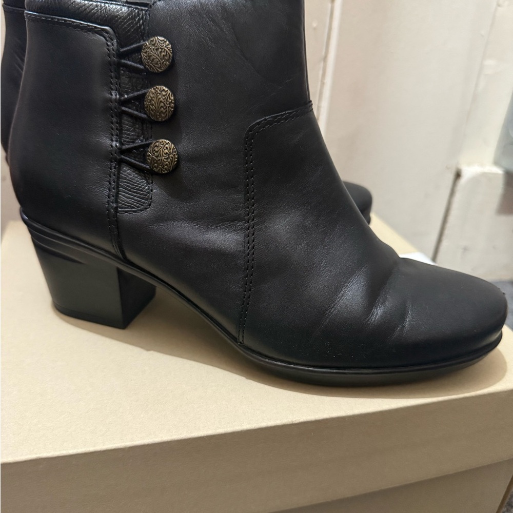 Clarks Black Ankle Booties with Stacked Heel